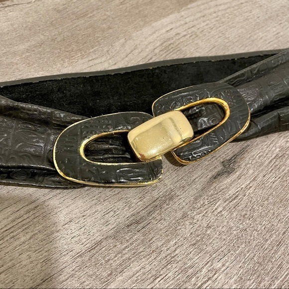 Vintage Accessories Vintage Hieroglyph Black Belt Gold Hardware